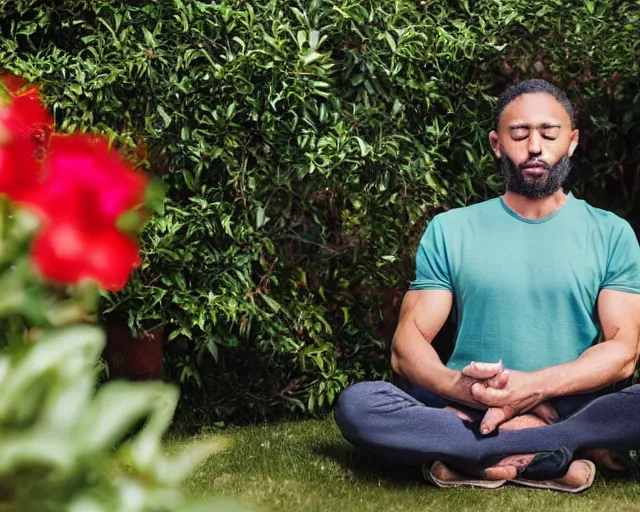 Prompt: mr robert is drinking fresh tea, smoke pot and meditate in a garden from spiral mug, detailed glad face, muscular hands and arms, golden hour closeup photo, red elegant shirt, eyes wide open, ymmm and that smell