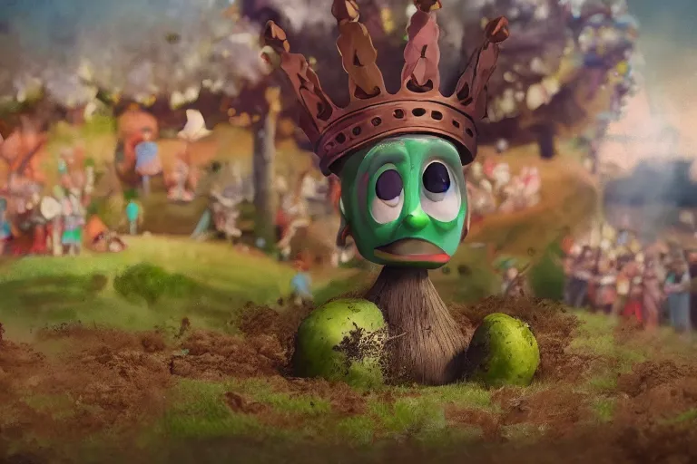 Prompt: the potato king appears before the large crowd of his subjects in all his glory wearing his crown, concept art, blender, glossy googly eyes, realistic dirt.