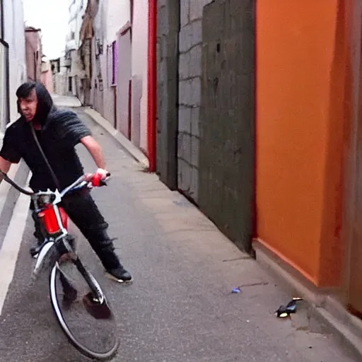 Prompt: cctv footage of jesuscrist stealing a bike in the middle of the night in an alley