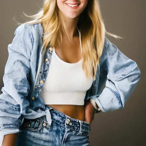 Image similar to Portrait Photography closeup of a Blonde Girl, Young Beautiful Face, Green Eyes, Freckles, Wearing a white crop-top and jeans, with a subtle smile, Epic, Charming, Character, trending on 500px