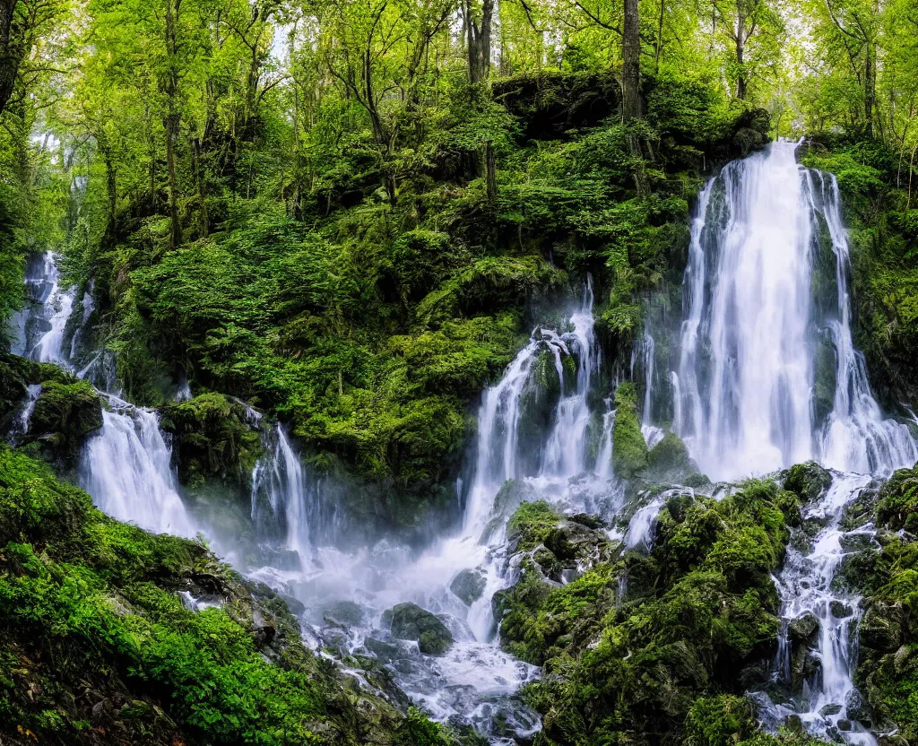 Image similar to the most beautiful panoramic 3 5 mm photography where a giant dreamy waterfall creates a river the trees around are starting and a deer