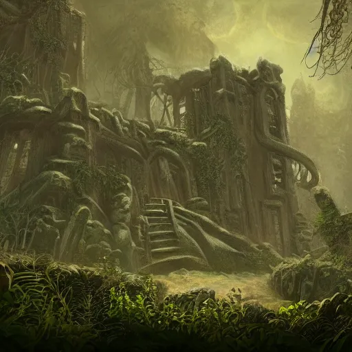 Image similar to a forgotten ruin in an overgrown jungle, inspired by h. p. lovecraft's at the mountains of madness, artstation trending