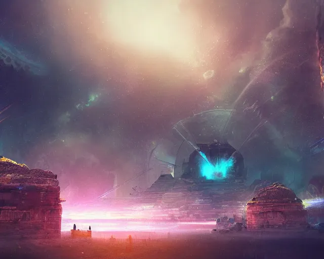 Prompt: galactic civilization, ambient, ruins, digital art, detailed, volumetric lighting