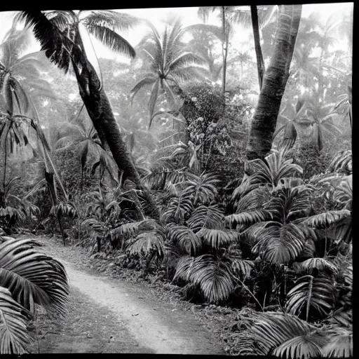 Prompt: a rizom lost film footage of a complex volume in the middle of the tropical jungle / tropicalism / tropicalism / tropicalism / film still / cinematic / enhanced / 1 9 2 0 s / black and white / grain