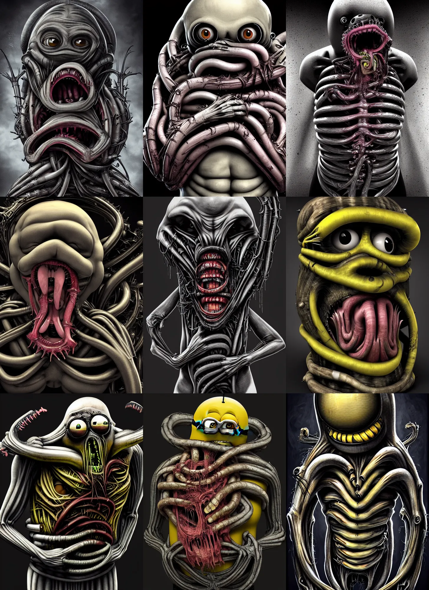 Prompt: minion as a chestburster coming out from a human chest, hans ruedi giger style, dark, very detailed, high contrast, epic, 4 k