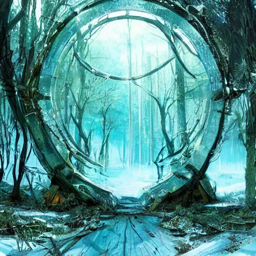 Prompt: frozen derelict portal in a middle of a snowy lush futuristic forest, green lush world seen only through a portal, daylight, cinematic lighting, blue sky, syd mead, john harris