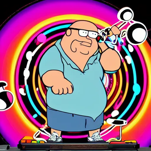 Image similar to svg sticker of a Family-Guy Peter-Griffin at a rave, spinning records, giant headphones rocking out, wearing headphones, huge speakers, dancing, rave, DJ, spinning records, digital art, amazing composition, rule-of-thirds, award-winning, trending on artstation, featured on deviantart