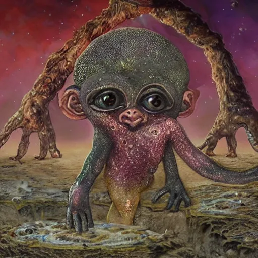 Prompt: measles on a deformed hideous pustule covered monkey, sores, bumps, skin wounds, surface hives, growths, horror, fantasy, highly detailed, by Dan Hillier, ooze, slime, in background nebula of bacteriophages