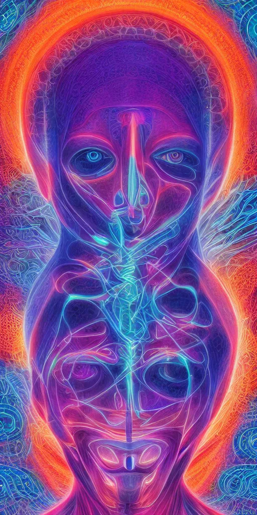 Image similar to ai transcendence into collaborative intelligence, connectedness, body, by alex grey, album cover, award winning, beautiful, colorful, volumetric lighting, trending on artstation, cinematic