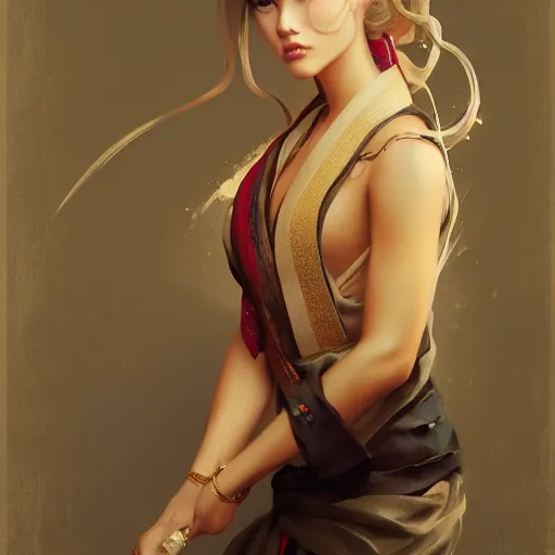 Prompt: portrait of a gorgeous blonde geisha by Greg Rutkowski, trending on Artstation, Joseph Christian Leyendecker, WLOP, Boris Vallejo, octane render, dark, moody, foggy