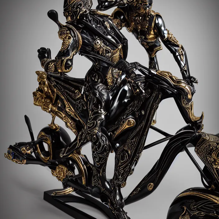 Image similar to fine art statue of black egyptian man on a surrealist motorbike motorcycle, ebony art deco sculpture, carved black marble, inlaid with ebony and gold accents, ebony rococo, wings black lace wear, spider zero, zaha hadid, beautifully lit, hyper detailed, octane render, intricate, elite, ornate, photorealistic, micro details, 3 d sculpture, ray trace