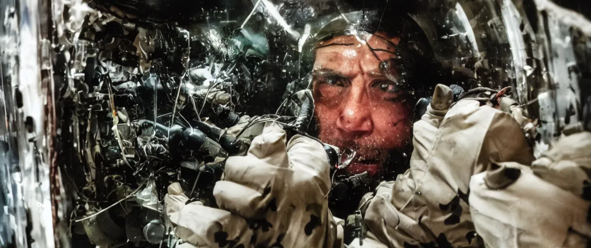 Image similar to filmic extreme close up shot movie still 4 k uhd interior 3 5 mm film color photograph of a scientist attacking a camouflaged solder in a lab in antarctica by grabbing him with his claw