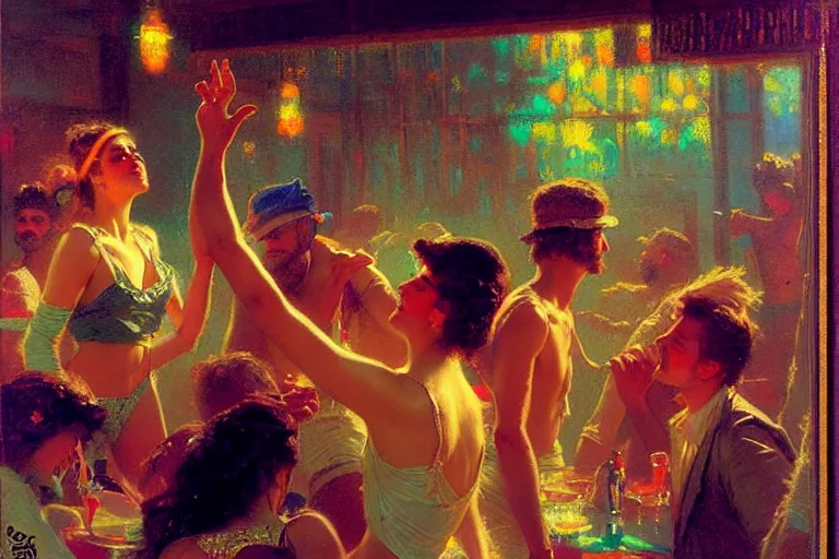 Image similar to 8 0's spring break party, neon light, painting by gaston bussiere, craig mullins, j. c. leyendecker