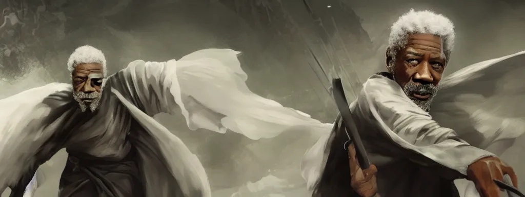 Image similar to Epic Concept art of morgan freeman in a one-piece white robe, the old man is alone, there are no other people, white hair and white beard, surrounded by black smoke, smoky, full body wuxia, Wudang Swordmanship by Chen Uen, art by Yoji Shinkawa, 4k