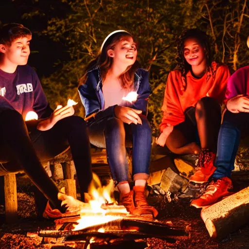 Prompt: group of teenagers sitting around a campfire, realistic, night