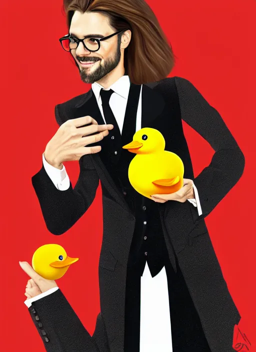 Prompt: a beautiful chad german guy with very long chestnut! hair, with glasses and short stubble! goatee on a tuxedo holding a rubber duck!, trade offer meme, digital painting, concept art, matte