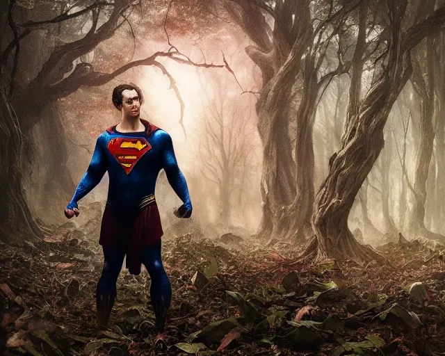 Image similar to 5 5 mm portrait photo of a demonic undead superman in a magical forest. magical atmosphere. art by greg rutkowski and luis royo. highly detailed 8 k. intricate. lifelike. soft light. nikon d 8 5 0.