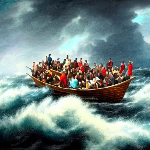 Image similar to a picture of a lot of people in a boat in the middle of a storm.