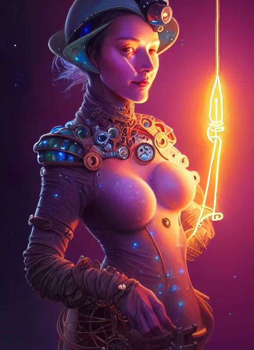 Prompt: a steampunk faceless glowing liquefied stardust adventurer, dnd fantasy character, full body portrait, glowing neon skin, magical aura, ultra realistic, intricate, elegant, highly detailed, digital painting, artstation, smooth, sharp, focus, illustration, art by artgerm and greg rutkowski and alphonse mucha and dan mumford, sacred geometry