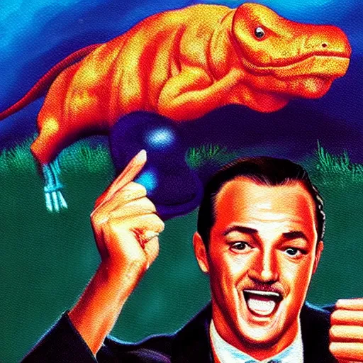 Image similar to beautiful lifelike painting of retro snes game starring gene kelly demanding a refund on undercooked overpriced dinosaur steak in downtown dive bar bistro, hyperreal detailed facial features and uv lighting, retro bitmap pixel art painting