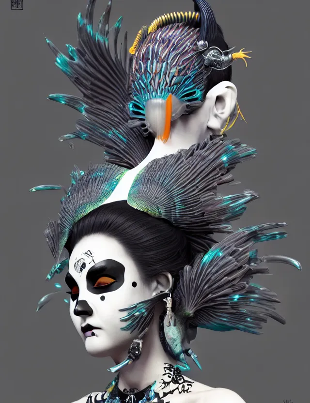 Image similar to 3 d goddess close - up profile simple portrait punk with mohawk with goat skull. beautiful intricately detailed japanese crow kitsune mask and clasical japanese kimono. betta fish, jellyfish phoenix, bio luminescent, plasma, ice, water, wind, creature, artwork by tooth wu and wlop and beeple and greg rutkowski