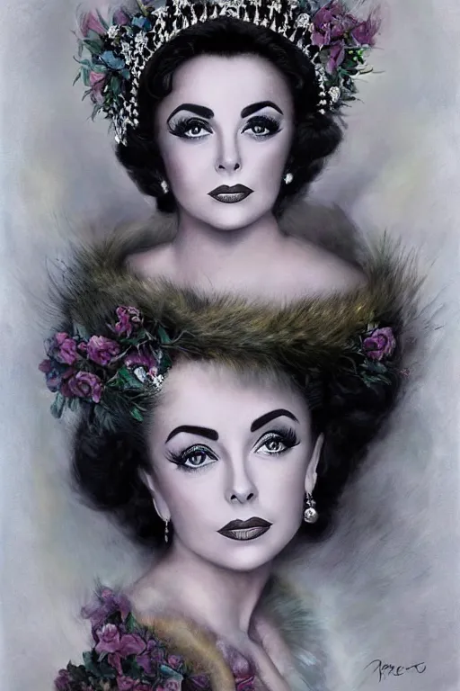 Prompt: center portrait fine art photo of the beauty princess elizabeth taylor, dramatic pose she has a crown of stunning flowers and fur stole and black dress gemstones, realistic eyes, background full of stormy clouds, by peter mohrbacher