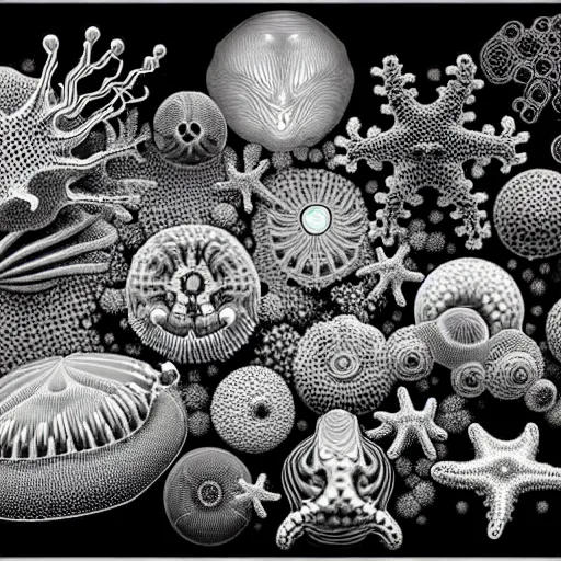 Image similar to a black and white drawing of a variety of sea life and filled with gundam mech equipment space station, a microscopic photo by ernst haeckel, zbrush central, kinetic pointillism, bioluminescence, intricate patterns, photoillustration