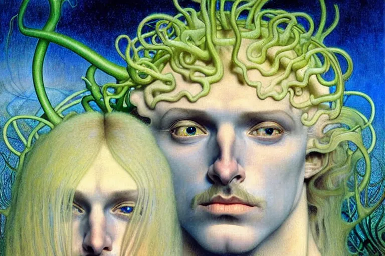 Image similar to realistic detailed portrait painting of a beautiful ghost man with blond hair with an alien, futuristic sci-fi forest on background by Jean Delville, Amano, Yves Tanguy, Alphonse Mucha, Ernst Haeckel, Edward Robert Hughes, Roger Dean, rich moody colours, blue eyes