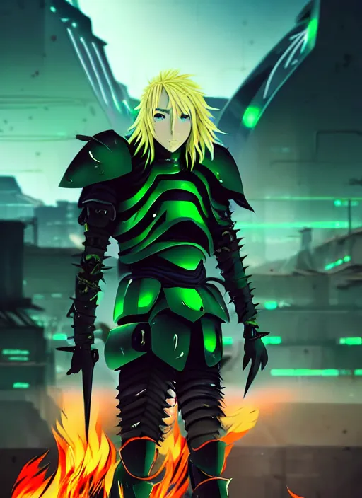 Image similar to a striking cinematic anime full body portrait of a male warrior with long blonde hair and blue eyes wearing evil green spiked cyberpunk armour and standing in the desolate burning ruins of a futuristic city by hirohiko araki and beeple, fine details, digital art, character concept art, volumetric lighting, cinematic light