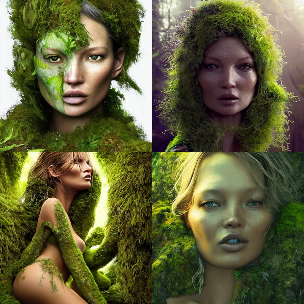 Prompt: tropical mossy face reminiscent on kate moss with moss growing face and head, in the wood, intricate, epic lighting, cinematic composition, hyper realistic, 8k resolution, unreal engine 5, by Artgerm, tooth wu, dan mumford, beeple, wlop, rossdraws, James Jean, Andrei Riabovitchev, Marc Simonetti, yoshitaka Amano, Artstation