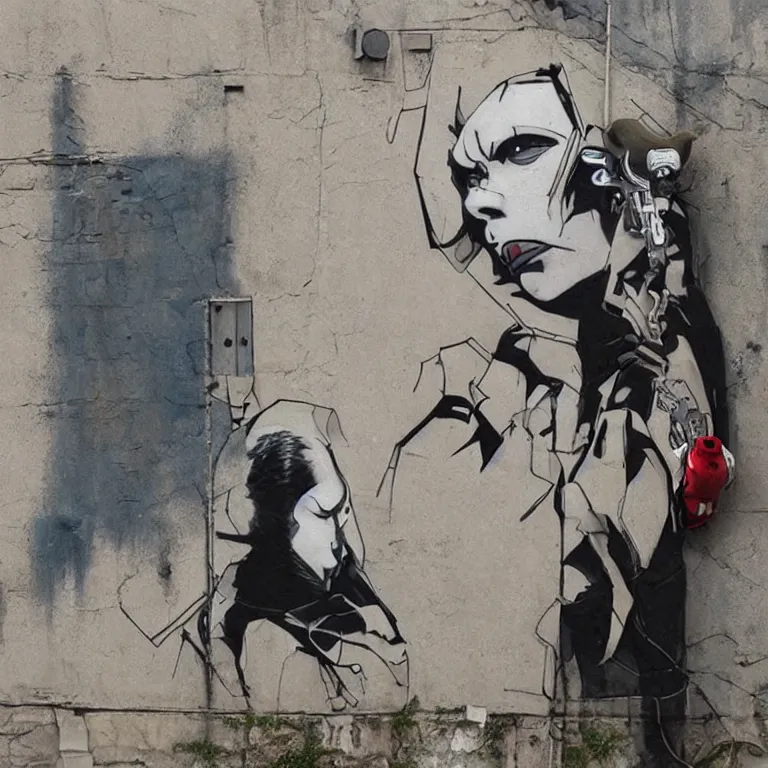 Image similar to Street-art painting of ghost in the shell is style of Banksy, photorealism