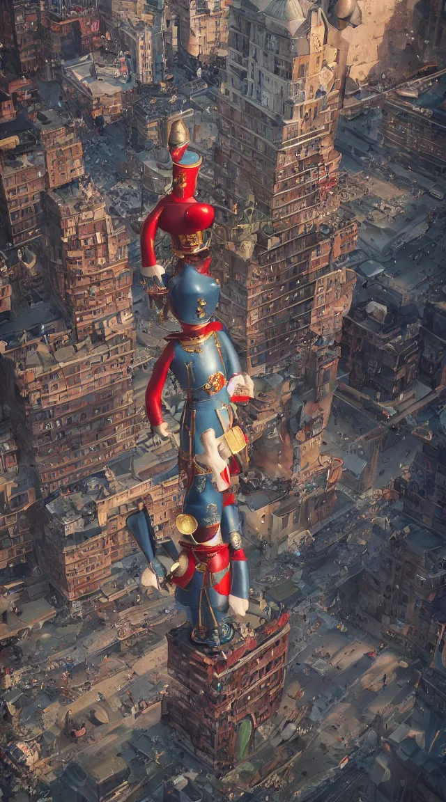 Image similar to hyperrealistic giant toy tin soldier in city, stunning, realistic, highly detailed attributes and atmosphere, dim volumetric cinematic lighting, 8 k octane extremely hyper - detailed render, post - processing, masterpiece,