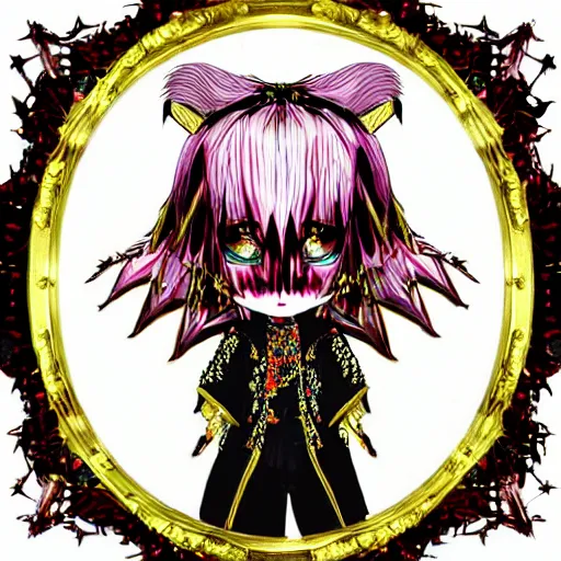 Image similar to baroque bedazzled gothic royalty frames surrounding a pixelsort emo demonic horrorcore japanese yokai doll, low quality sharpened graphics, remastered chromatic aberration spiked korean bloodmoon sigil stars draincore, gothic demon hellfire hexed witchcore aesthetic, dark vhs gothic hearts, neon glyphs spiked with red maroon glitter breakcore art by guro manga artist Shintaro Kago