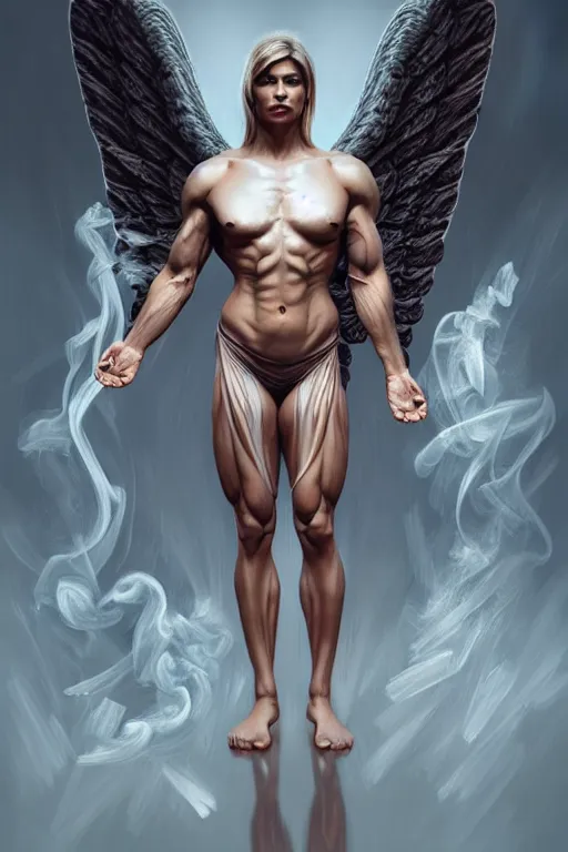 Image similar to Full body potrait of muscular angel doing yoga , angel is split in two with smoke, fantasy, intricate, elegant, highly detailed, digital painting, artstation, concept art, smooth, sharp focus, illustration, art by Ilja Repin