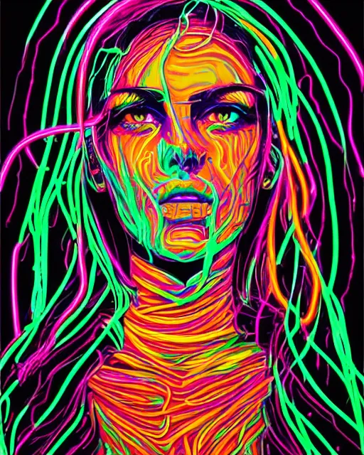 Prompt: intricate portrait of a cyborg woman with twisting wires and dripping neon paint, by dan mumford and alena aenami