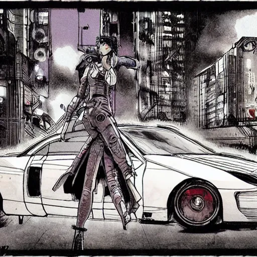 Prompt: android, killer - girl on car, 1 / 6 katsuya terada, style of cyberpunk, night, city,