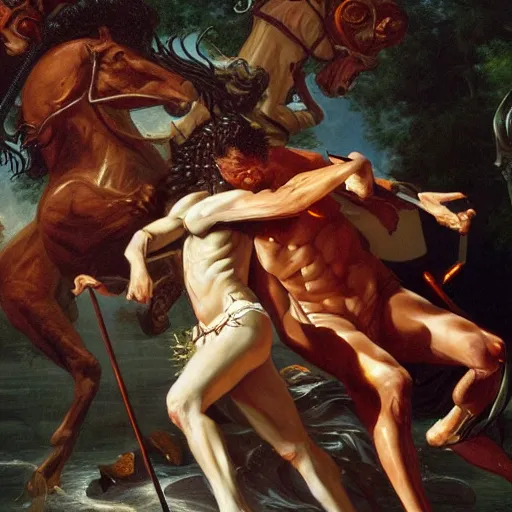 Image similar to detailed illustration of perseus vs medusa, hyper detailed, realistic, oil painting, artwork by asher brown durand, cinematic lighting