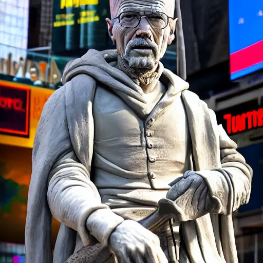 Image similar to extreme long - shot photograph of a very detailed renaissance clay sculpture of walter white wearing a phrygian cap in times square, made by michelangelo, hyper detailed, sharp focus, 8 k resolution, ray tracing