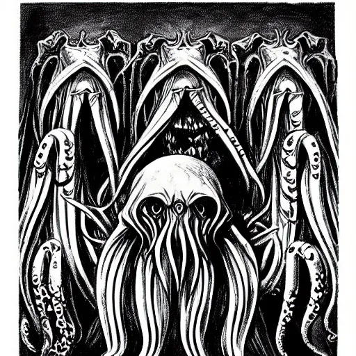 Image similar to Cthulhu Christmas by Charles Addams and H.R. Giger, black and white illustration shadows symmetrical