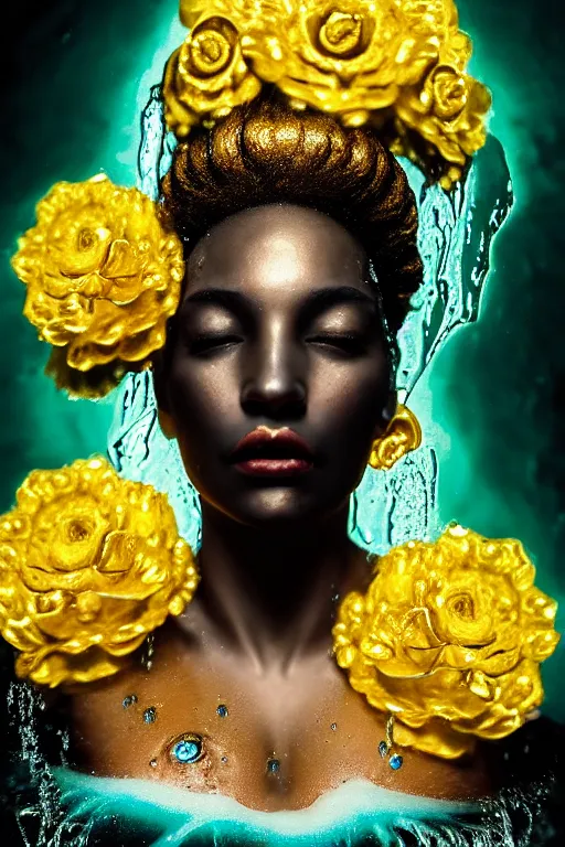 Prompt: hyperrealistic post rococo cinematic very expressive! black oshun goddess, in water up to her shoulders, mirror dripping droplet!, gold flowers, highly detailed face, digital art masterpiece, smooth eric zener cam de leon dramatic pearlescent volumetric teal light, wide shot, high angle uhd 8 k, sharp focus