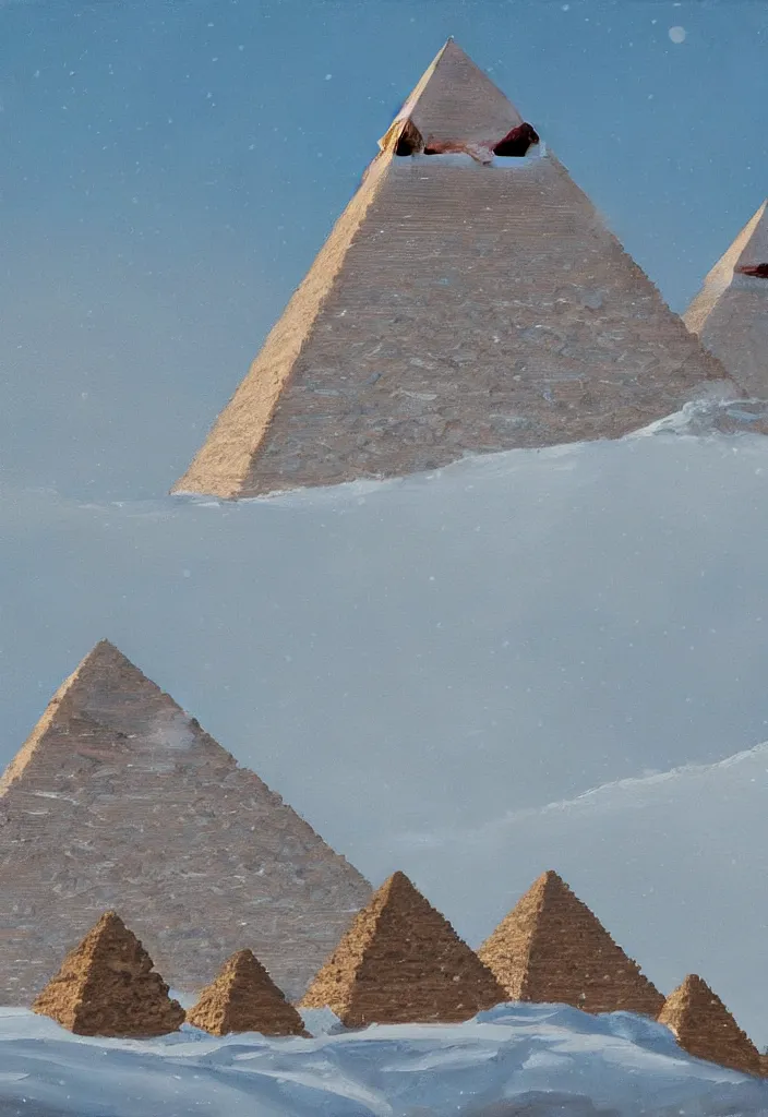 Image similar to the pyramids of egypt covered in snow, oil on canvas, fantasy, trending on artstation, digital art.