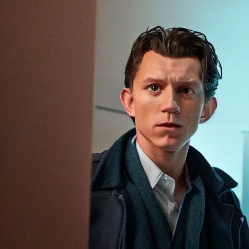 Image similar to tom holland as a rough dirty old man with a scruffy beard in a dark blue trenchcoat as the new doctor who, cinematic, volumetric lighting, f 8 aperture, cinematic eastman 5 3 8 4 film, photorealistic