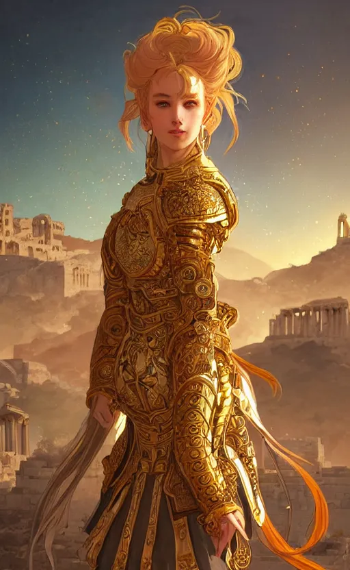 Image similar to portrait knights of zodiac girl, golden and copper shining armor, karate pose, in ruined agora of athens sunrise, ssci - fi and fantasy, intricate and very very beautiful and elegant, highly detailed, digital painting, artstation, concept art, smooth and sharp focus, illustration, art by tian zi and wlop and alphonse mucha