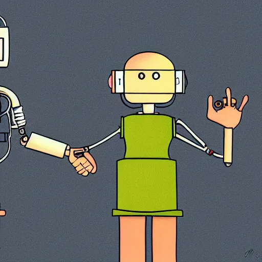 Image similar to A boy holding hands with a female robot, trending on art station science fiction