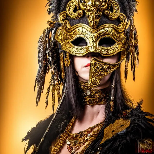 Prompt: full length portrait photo of a female warrior with ornate venetian mask highly detailed, 8 k, hdr, close up, smooth, sharp focus, high resolution, award - winning photo