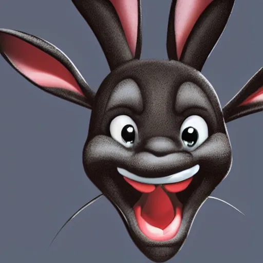 Prompt: A extremely highly detailed majestic hi-res beautiful, highly detailed head and shoulders portrait of a scary terrifying, horrifying, creepy black cartoon rabbit with scary big eyes, laughing and standing up wearing pants and a shirt in the style of Walt Disney