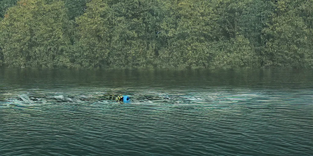 Prompt: an infinitely long colored rope zig - zagging across the surface of the water into the distance, floating submerged rope stretching out towards the center of the lake, a dark lake on an overcast day, atmospheric, color film, trees in the background, hyper - detailed photo, anamorphic lens