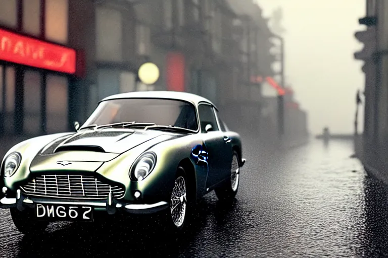 Image similar to a wholesome animation key shot of!! one!! focused!! aston martin db 5!!, dynamic, on a wet london street, raining, wide shot, studio ghibli, pixar and disney animation, sharp, very detailed, high resolution, rendered in unreal engine 5, anime key art by greg rutkowski, dull atmospheric lighting