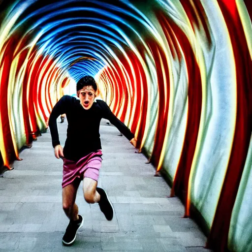 Image similar to terrified young man in a straightjacket running toward you in the Bund Sightseeing Tunnel, Shanghai, China by Alex Grey and Jeffrey Smith