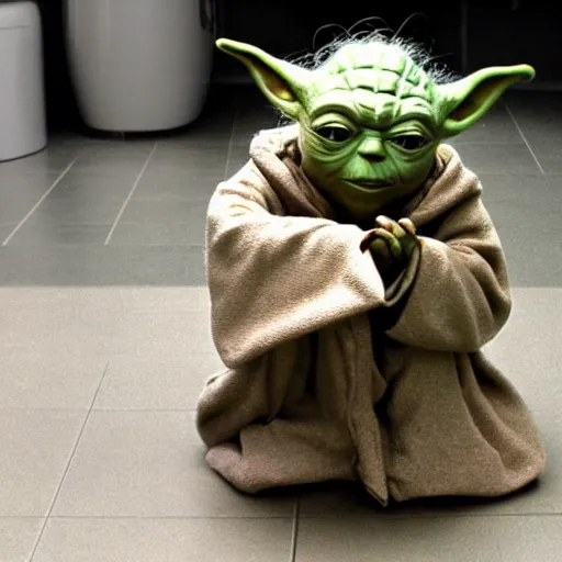 Image similar to yoda sitting on toilet